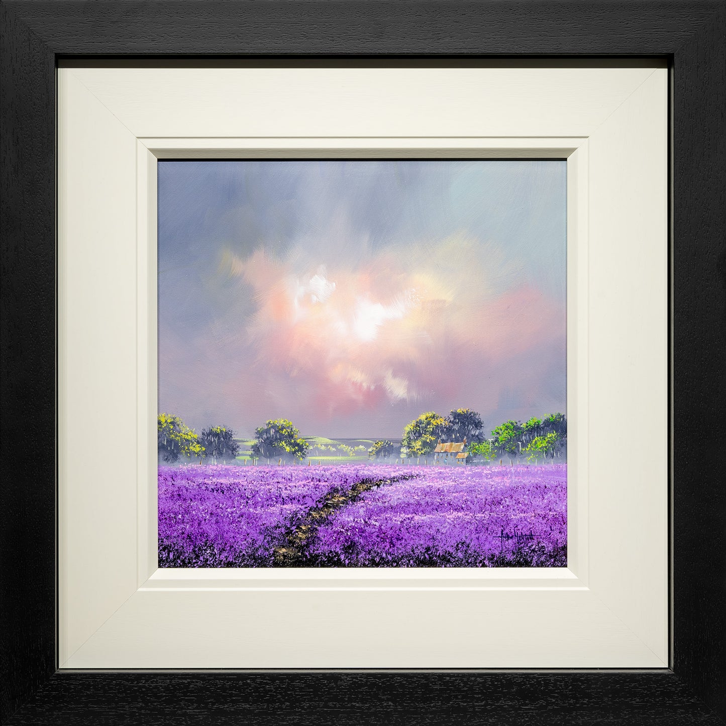 Lavender Fields original painting by Allan Morgan in black frame