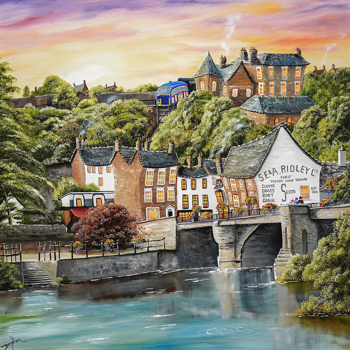 Painting of a quaint town with houses, a bridge, and a river under a colorful sky.