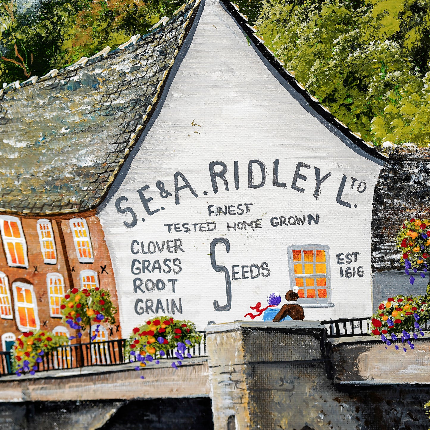 Painting of a building with 'S.E & A. Ridley Ltd.' branding and text about seeds.