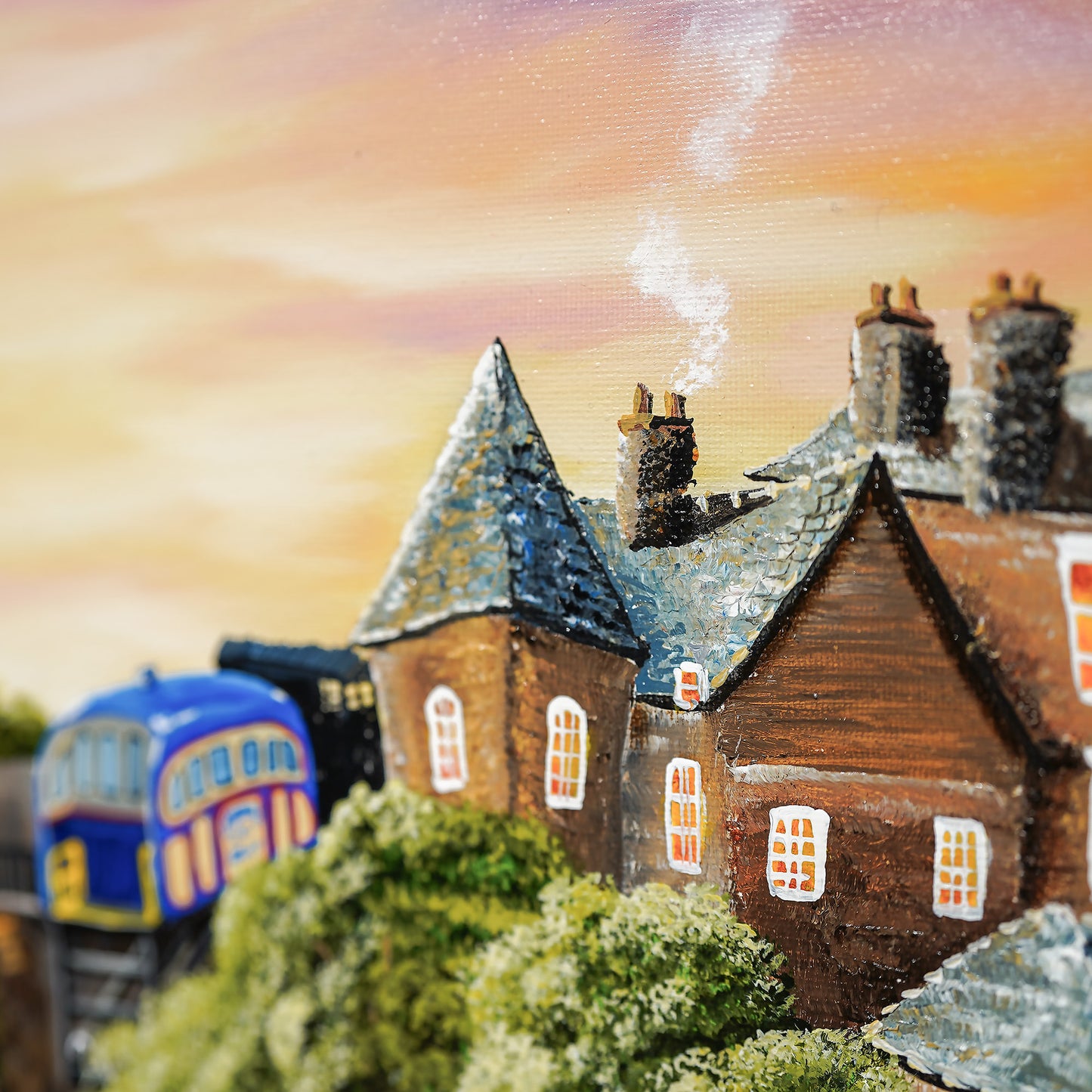 Closeup of a house on a painting of Bridgnorth
