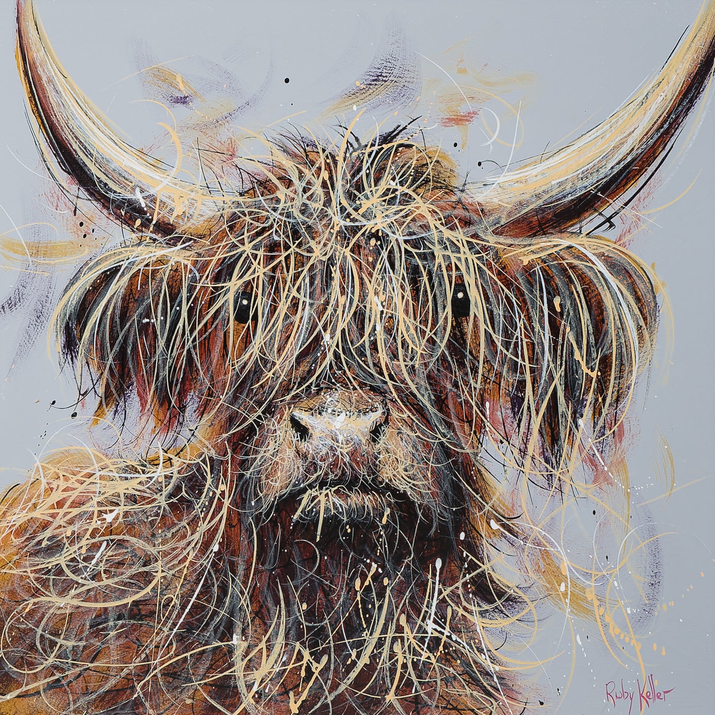 Archibald Highland Cow painting in a silver gold frame by Ruby Keller