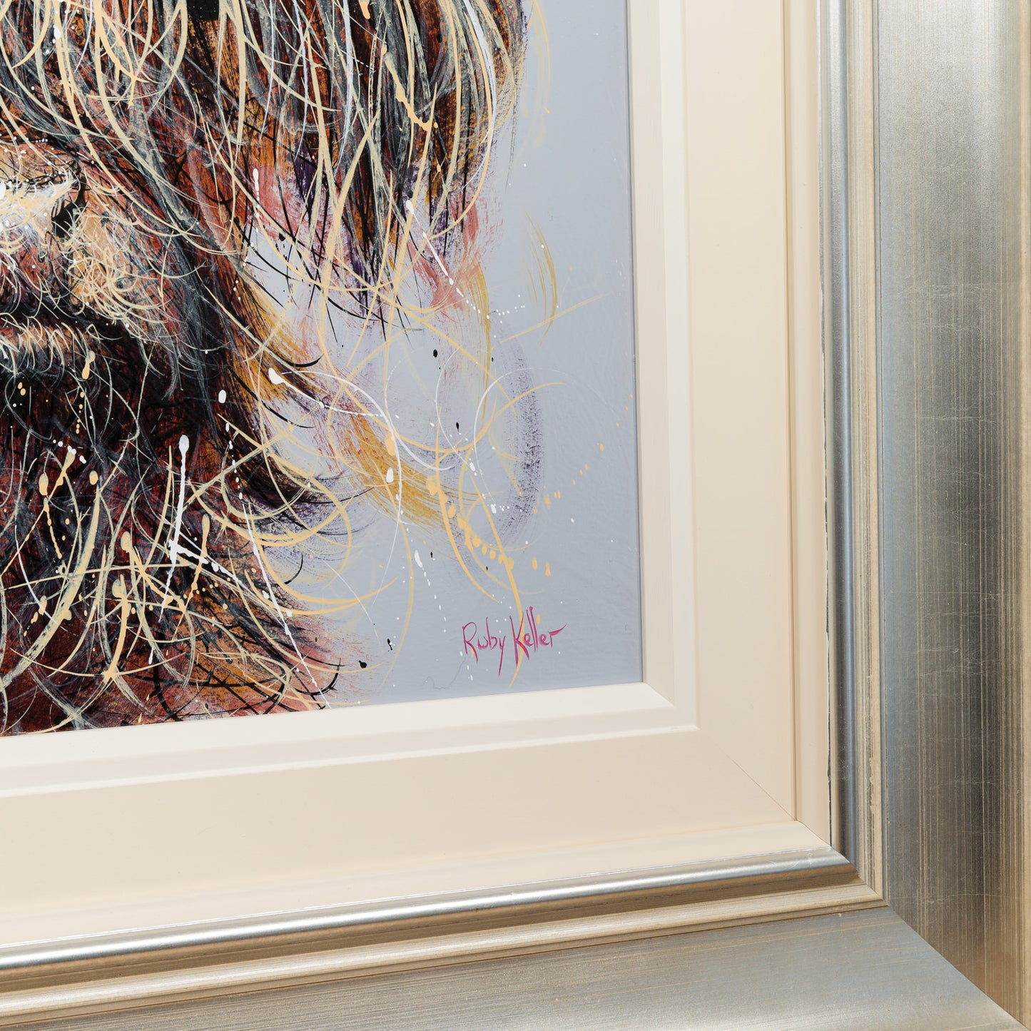 Archibald Highland Cow painting in a silver gold frame by Ruby Keller