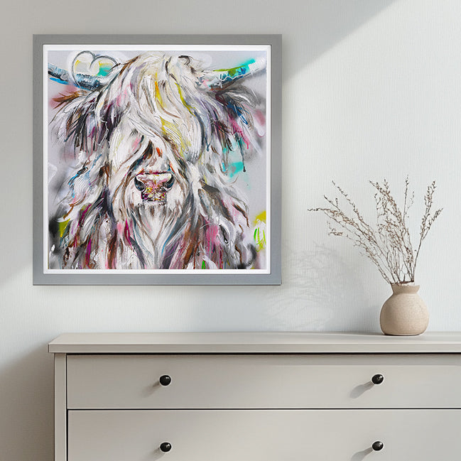 Graffiti Cow Harris framed print by Nicola Jane Rowles