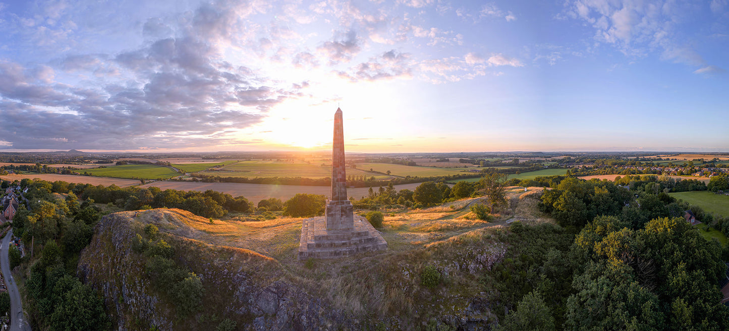 Lilleshall monument panorama drone photo with fields and sunset