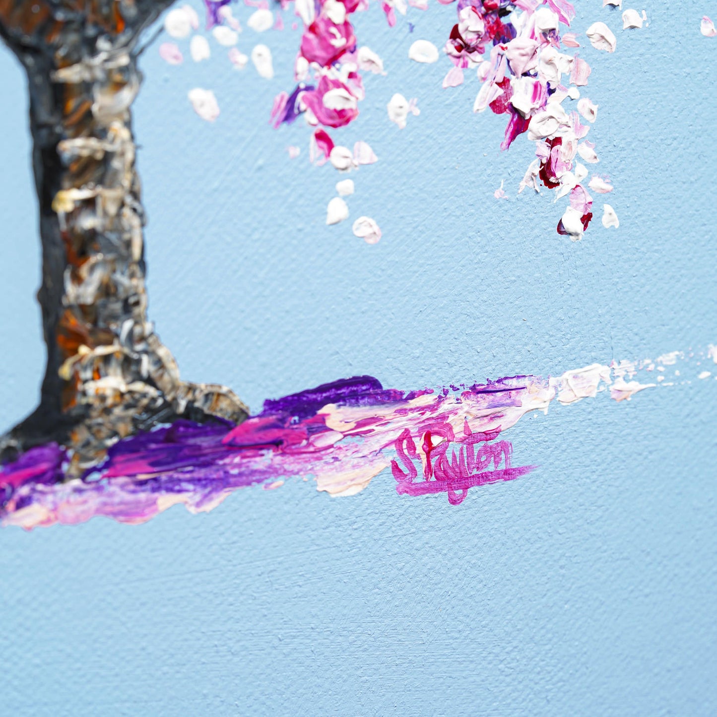 Pink and white cherry blossom tree on a pale blue background painting