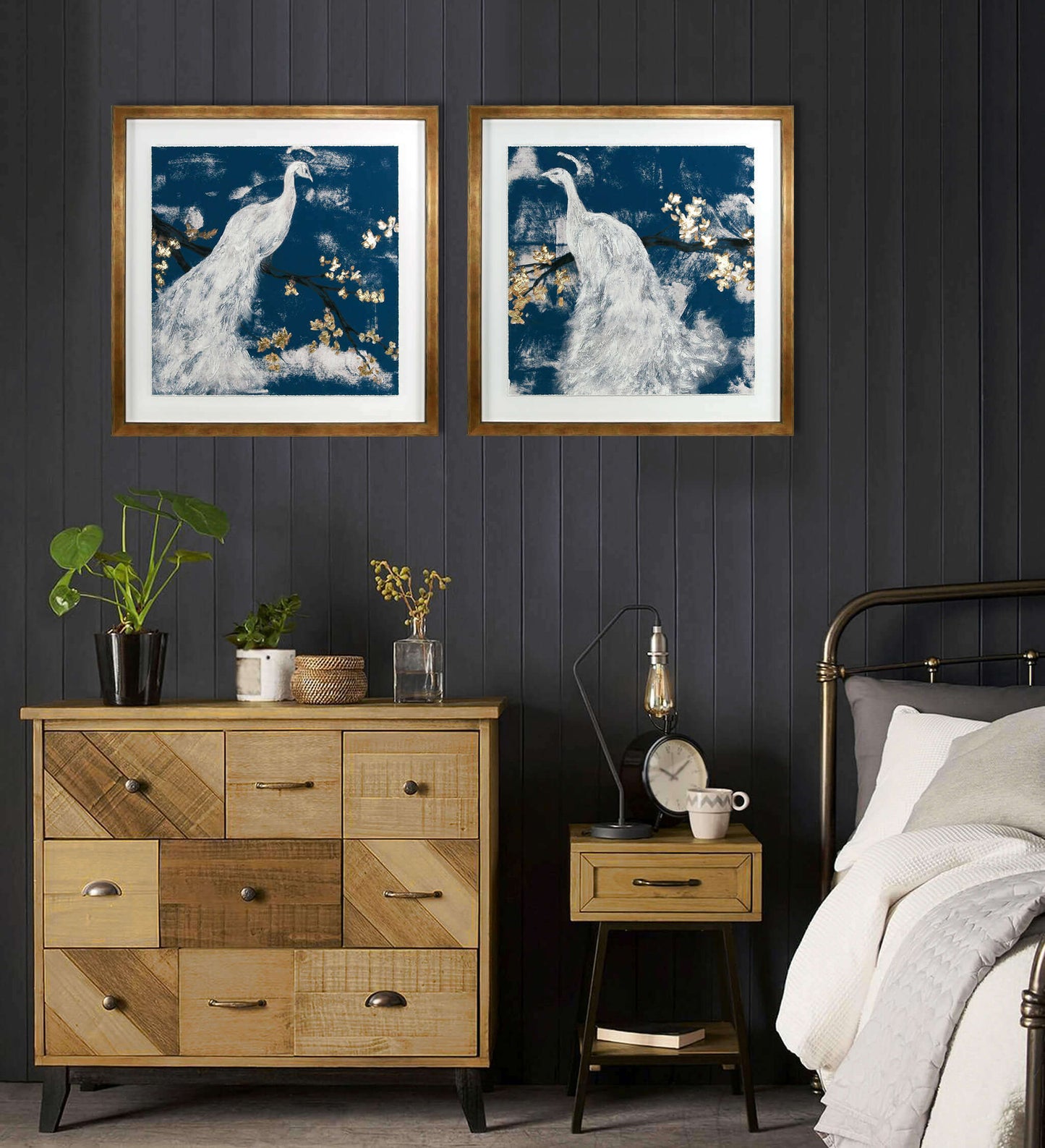 White Peacock on Indigo I framed print by Jennifer Goldberger