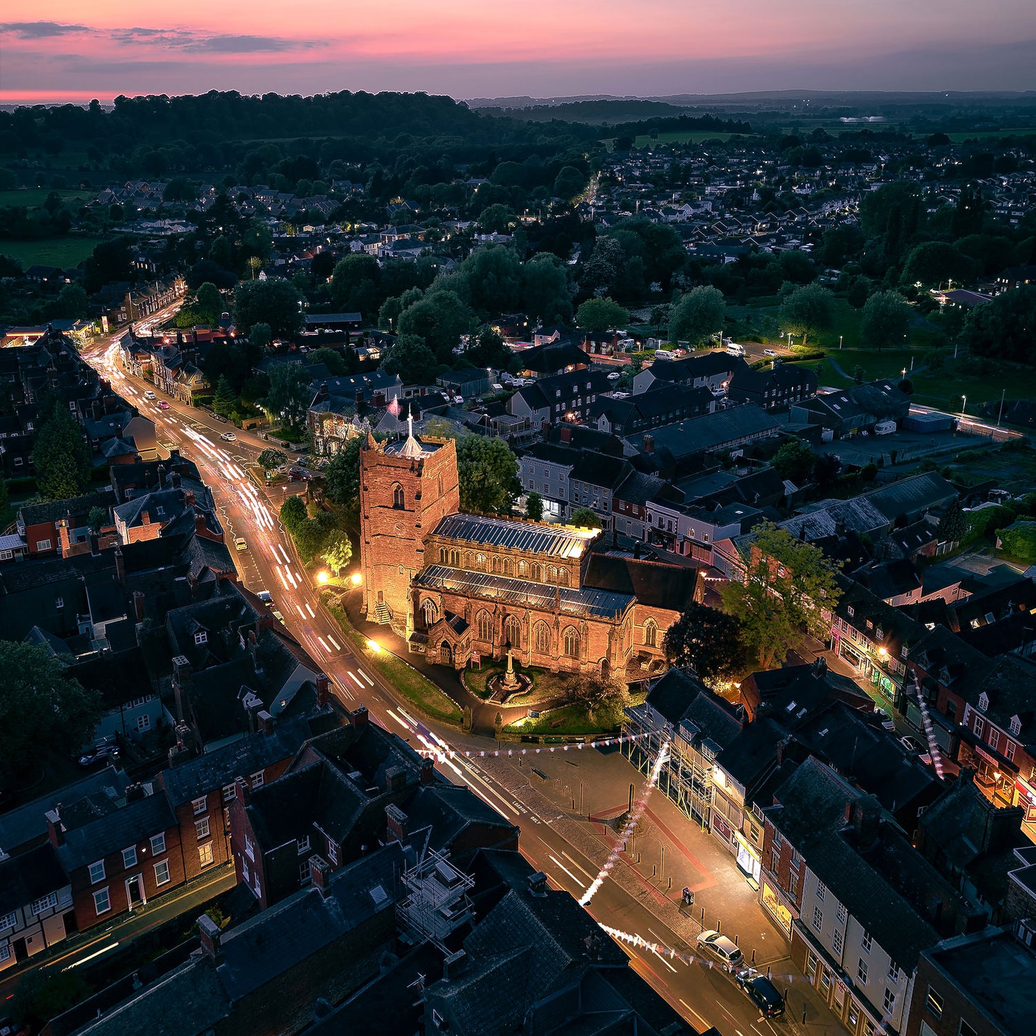 St Nicholas Church image by Chris Gradwell, church, sunset, night, road