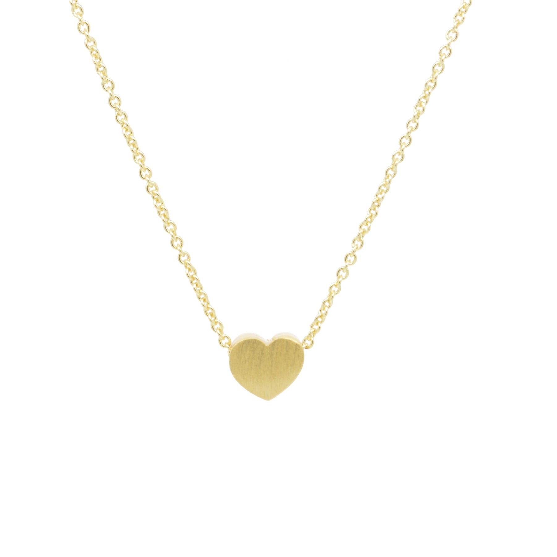 Gold heart-shaped pendant on a gold chain against a white background