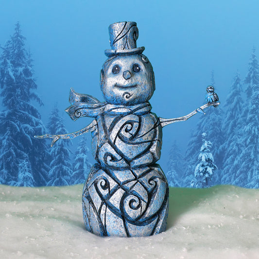 Silver Snowman statue with a snowy background