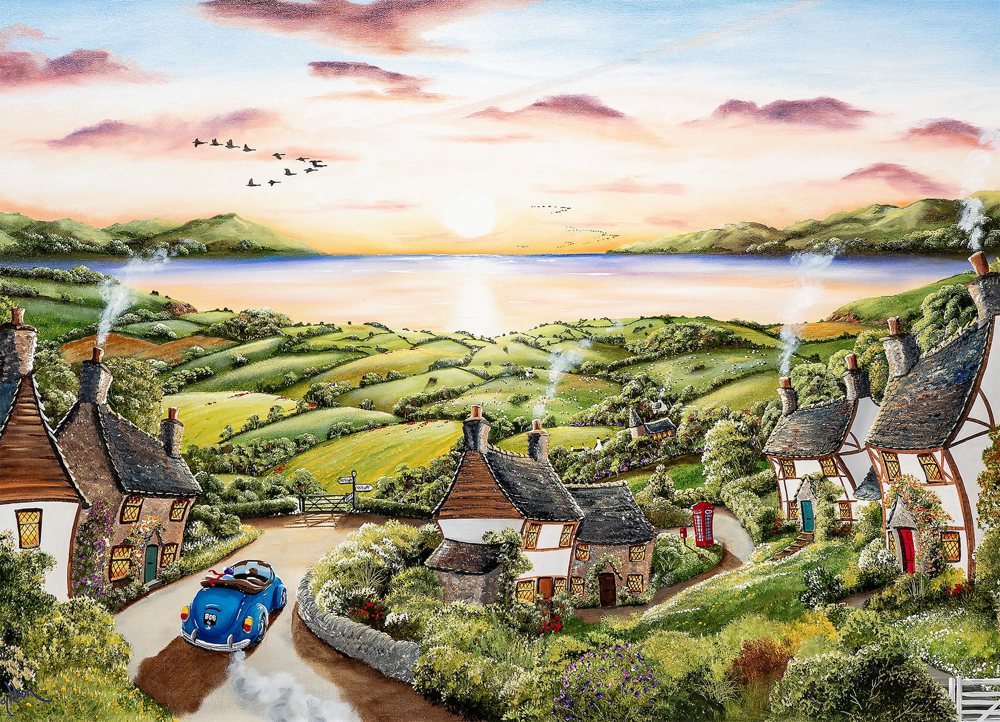 Village scene with houses, a car, and a lake at sunset.