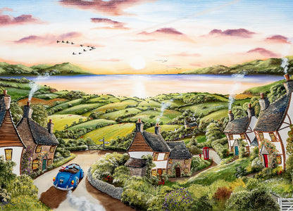 Village scene with houses, a car, and a lake at sunset.