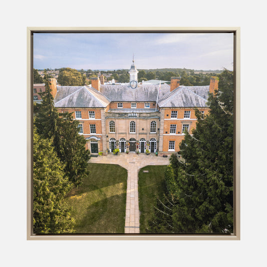 Haberdasher Adams Grammar school framed in gold print, drone photo