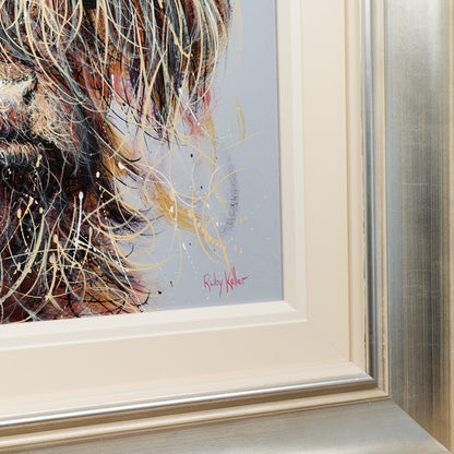 Archibald Highland Cow painting in a silver gold frame by Ruby Keller