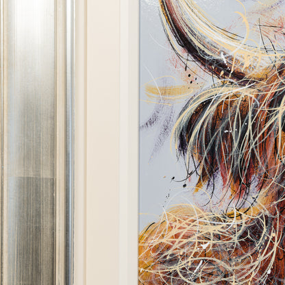 Archibald Highland Cow painting in a silver gold frame by Ruby Keller