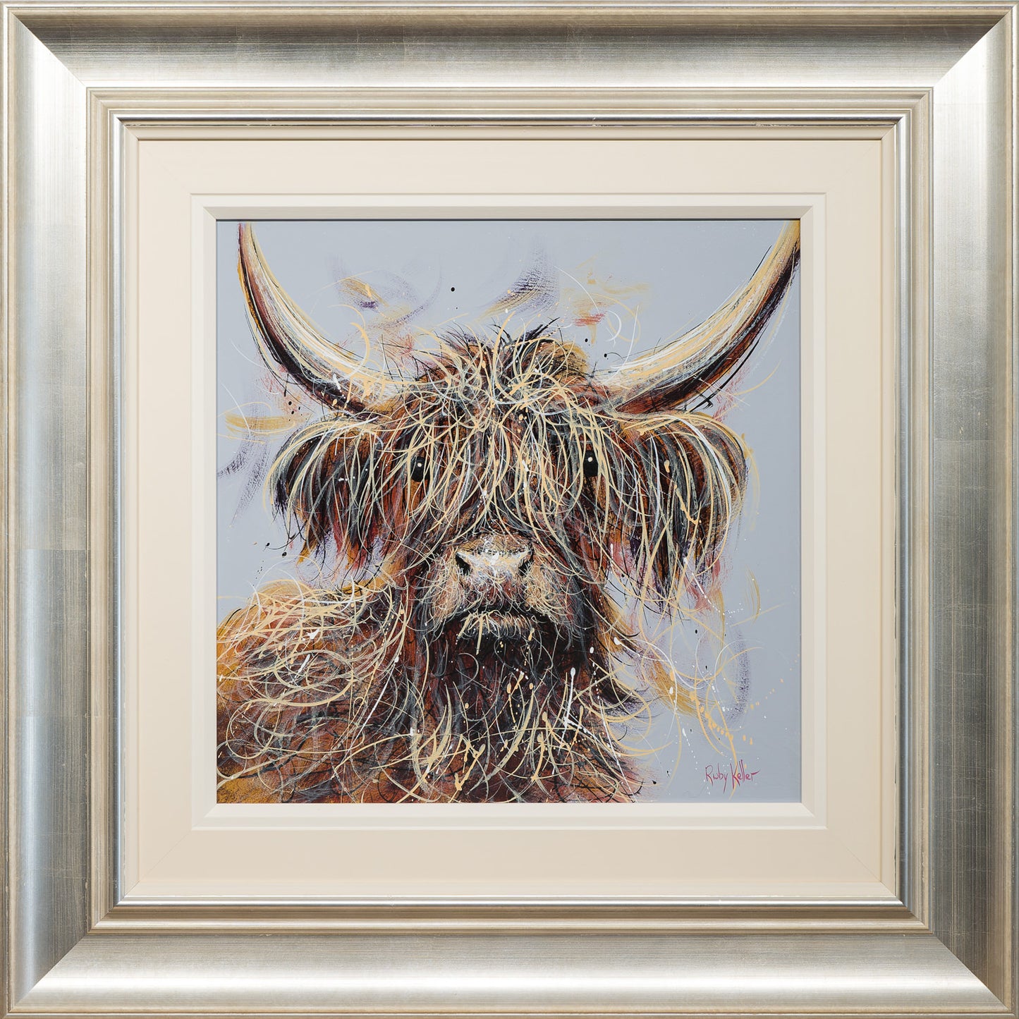 Archibald Highland Cow painting in a silver gold frame by Ruby Keller