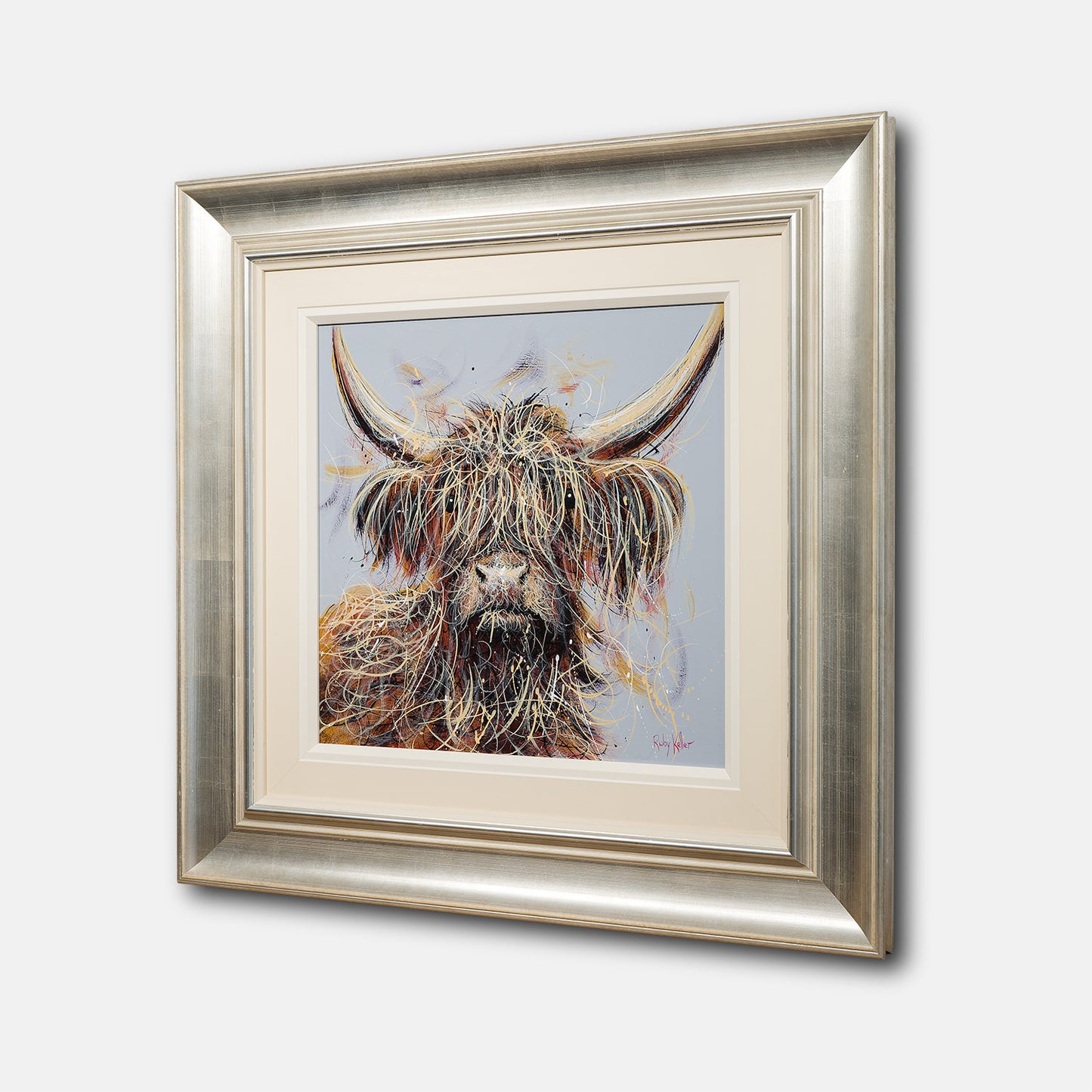 Archibald Highland Cow painting in a silver gold frame by Ruby Keller