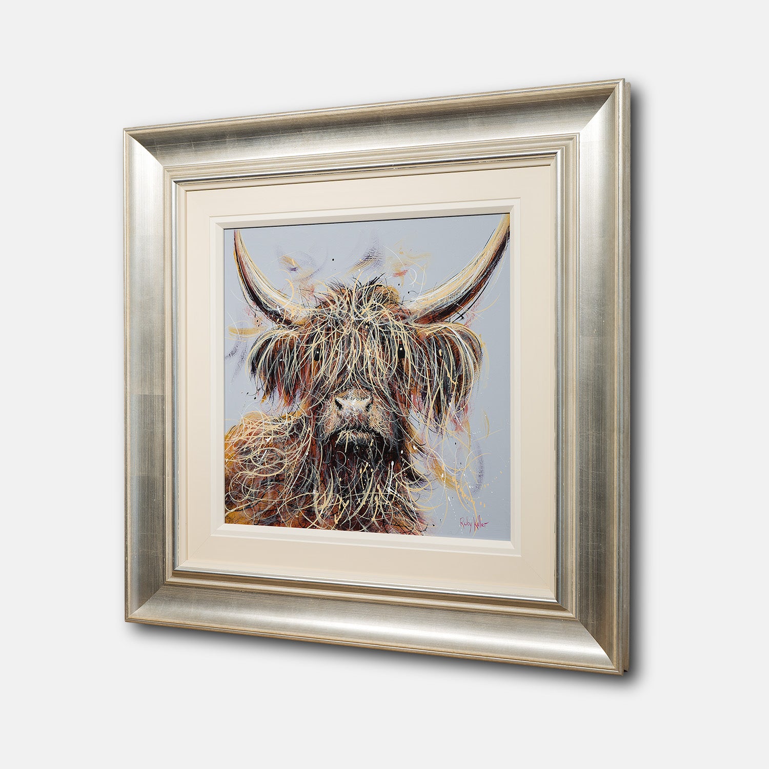Archibald Highland Cow painting in a silver gold frame by Ruby Keller