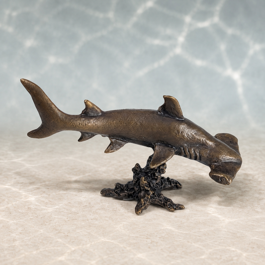 A bronze hammerhead shark figurine mounted on a dark coral-like base, photographed against a light blue and beige water-textured background.