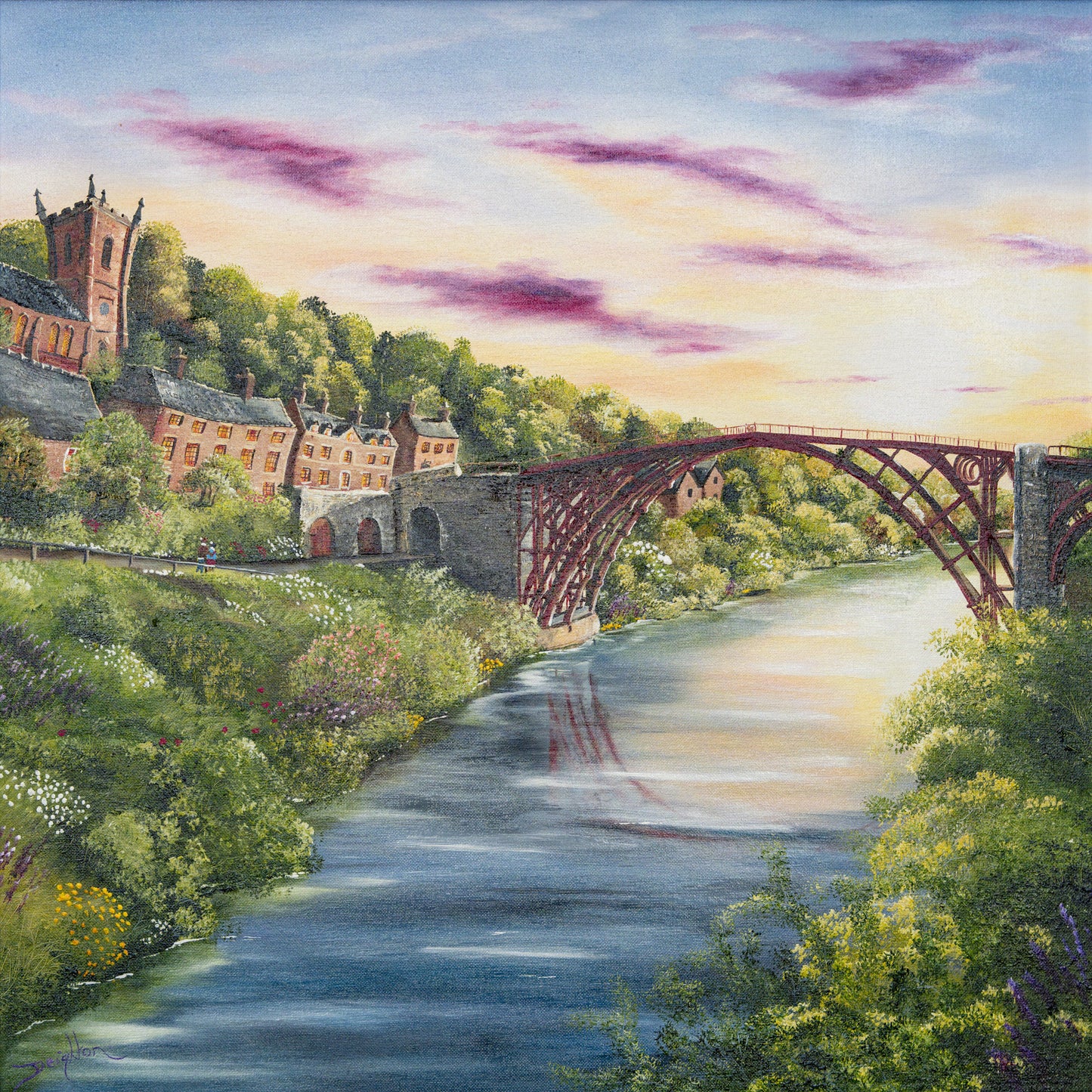 Painting of a bridge over a river with buildings and greenery on a colorful sky background