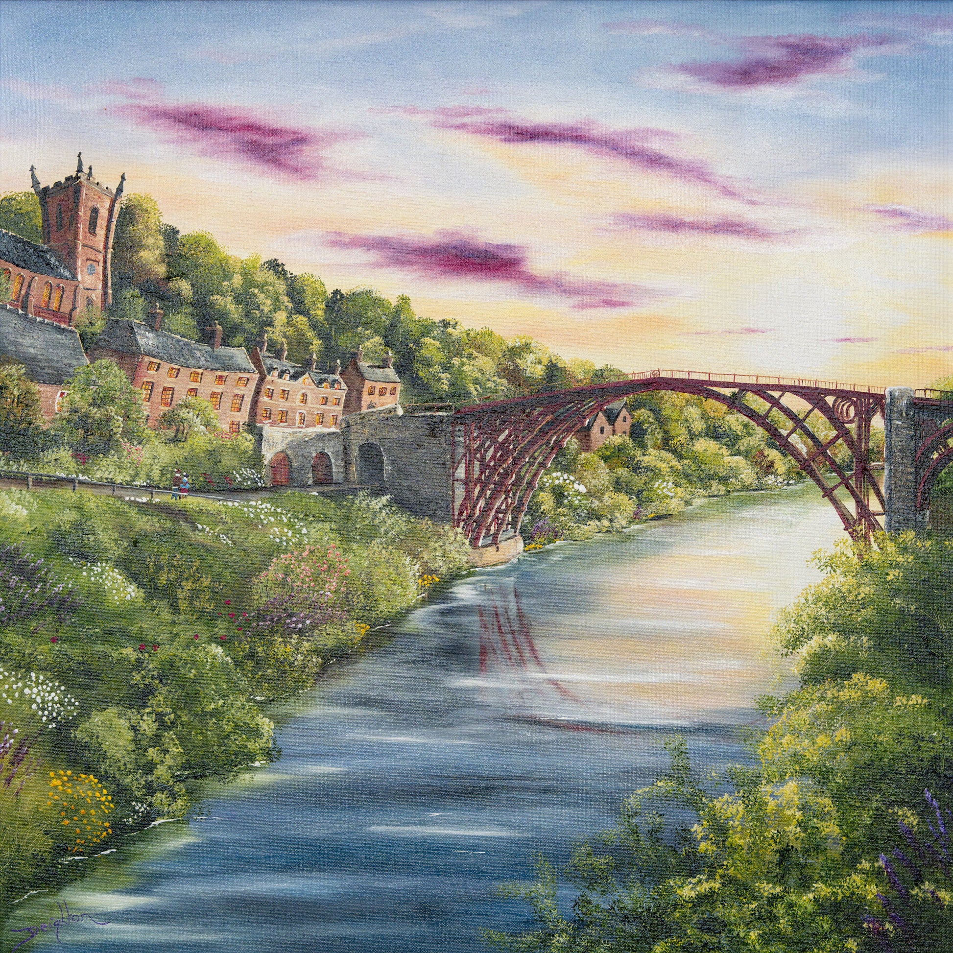Painting of a bridge over a river with buildings and greenery on a colorful sky background