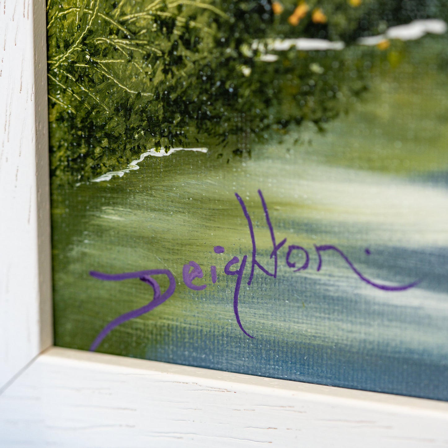Close-up of a signature on a painting with a natural scene in the background