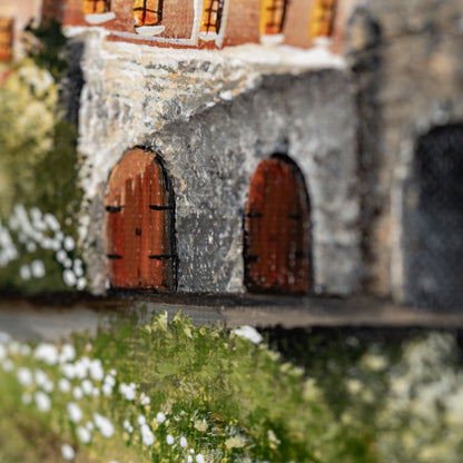 Painting of a stone building with arched doors and windows, surrounded by greenery.