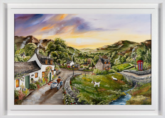Original oil painting of a rural scene in a white frame