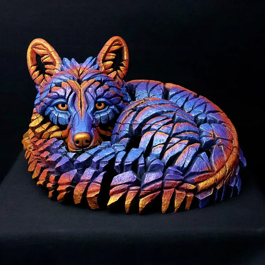 Colorful wolf sculpture on a black background