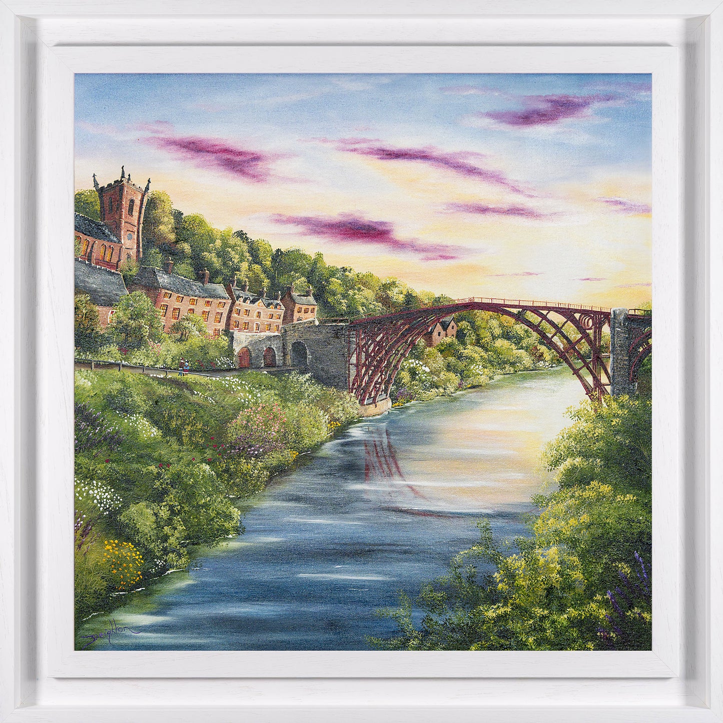 Painting of a scenic landscape of Ironbridge with a river, bridge, and buildings.