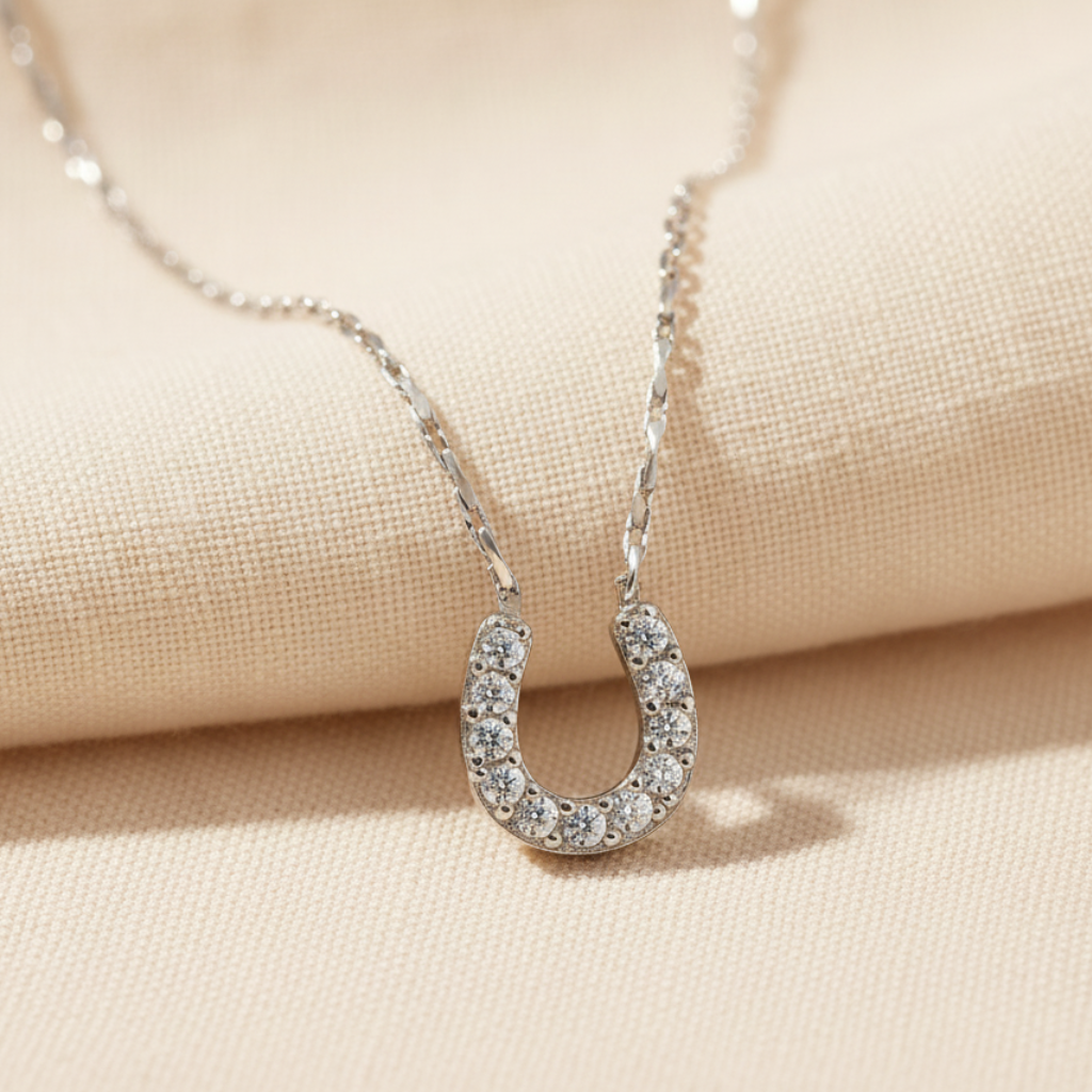 A delicate silver chain necklace featuring a horseshoe-shaped pendant paved with small clear stones, set against a plain white background.