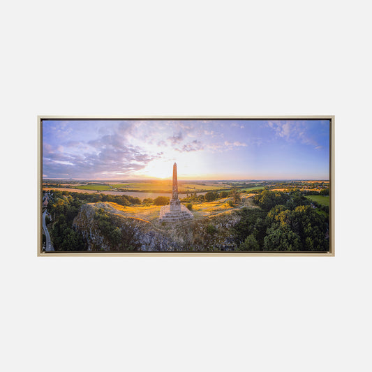 Lilleshall monument panorama drone photo with fields and sunset