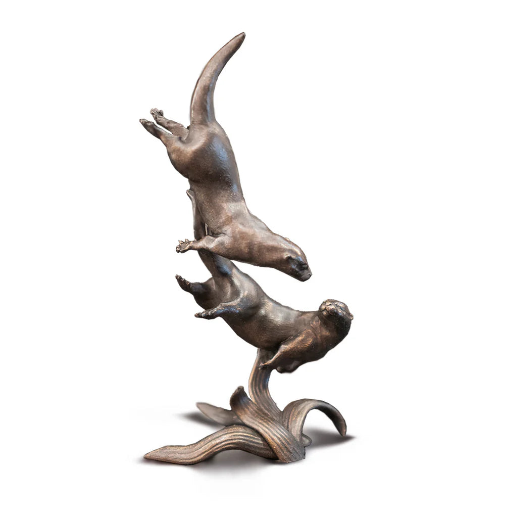 Pair of Otters Solid Bronze Miniature Sculpture from Butler and Peach