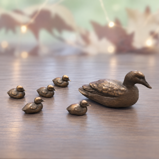 A set of bronze duck figurines, including one larger duck and five smaller ducklings, arranged on a wooden tabletop with a softly blurred background of warm lights and autumn leaves.