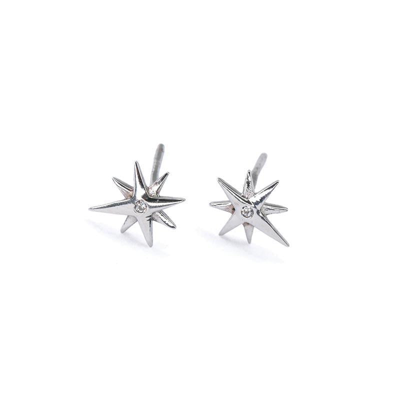 Pair of star-shaped silver earrings on a white background