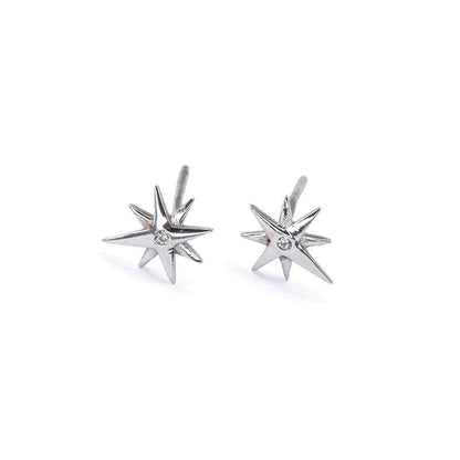 Pair of star-shaped silver earrings on a white background