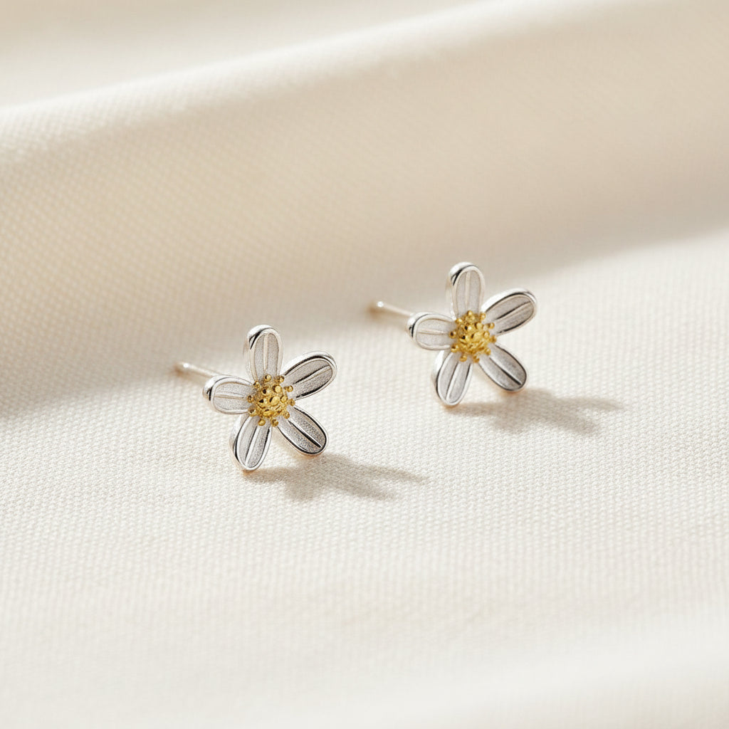 Flower-shaped earrings on a light gray background