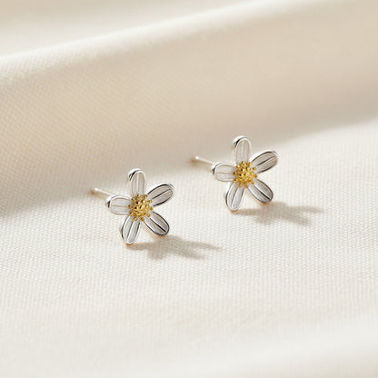 Flower-shaped earrings on a light gray background