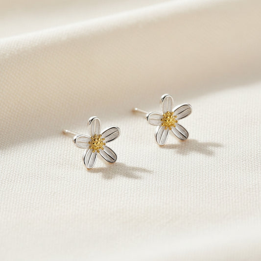 Flower-shaped earrings on a light gray background