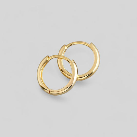 Pair of gold hoop earrings on a light gray background