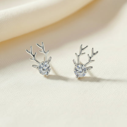Round Crystal Reindeer Earrings Silver