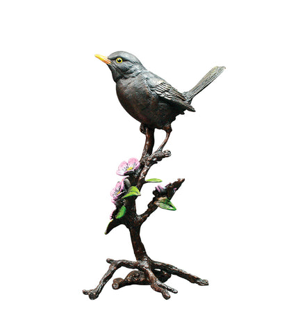 Blackbird with Blossom Solid Bronze Sculpture by Keith Sherwin