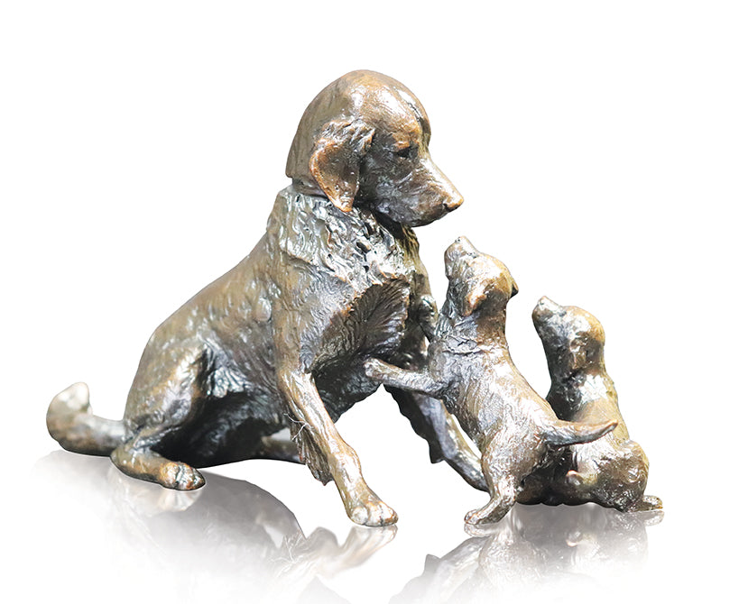 Retriever with Puppies Solid Bronze Sculpture by Michael Simpson