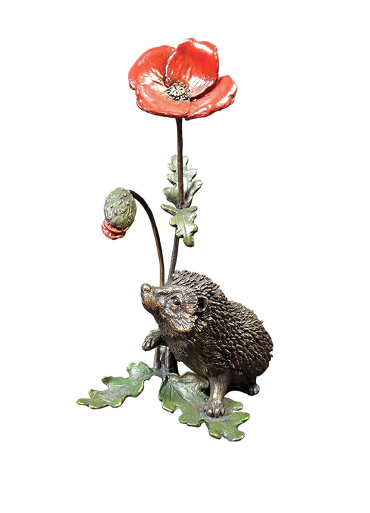 Hedgehog with Poppy solid bronze sculpture by Keith Sherwin