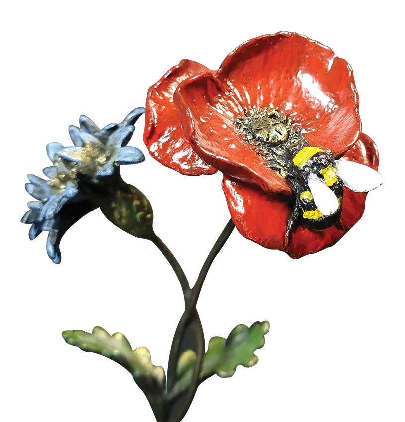 Poppy with Cornflower and Bee solid bronze sculpture by Keith Sherwin