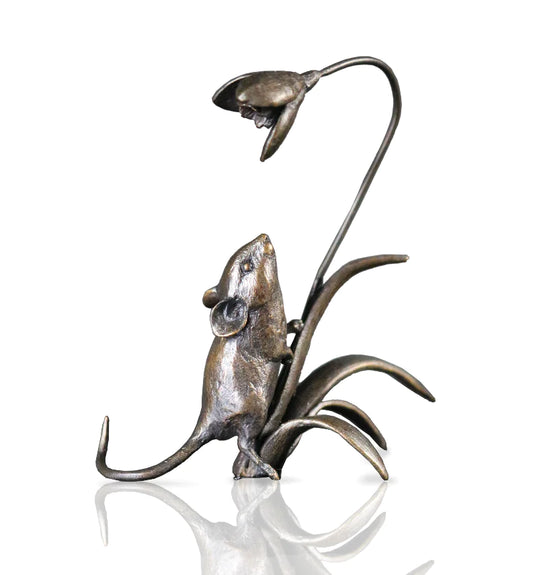 Mouse with Snowdrop solid bronze sculpture by Michael Simpson