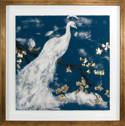 White Peacock on Indigo I framed print by Jennifer Goldberger