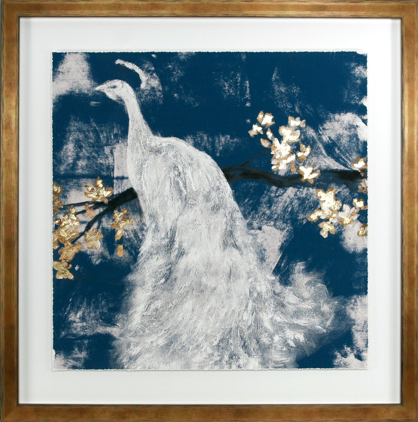 White Peacock on Indigo II framed print by Jennifer Goldberger