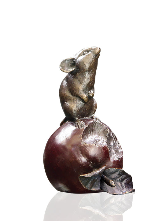 Mouse on Apple 956 Solid Bronze Sculpture by Michael Simpson