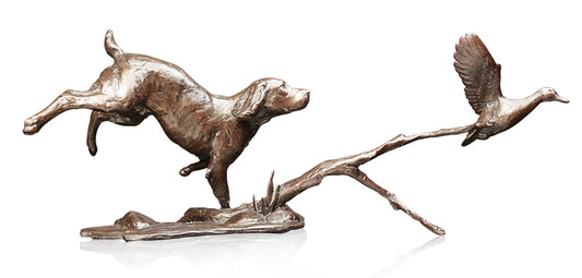 Cocker Spaniel with Duck Solid Bronze Sculpture by Michael Simpson