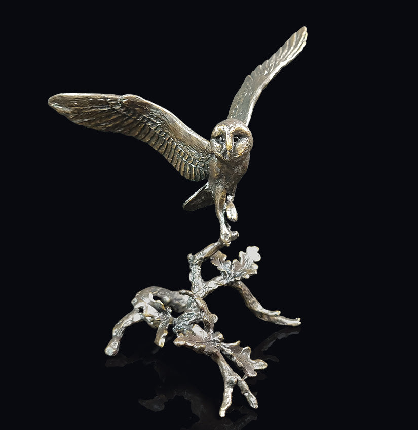 Barn Owl with Acorns solid bronze sculpture by Keith Sherwin
